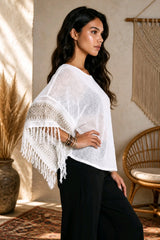 Boho Μπλούζα Cotton Gauze με Ethnic Κέντημα & Κρόσσια
