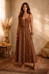 Maxi Φόρεμα Βισκόζης με Animal Print - Πορτοκαλί Μαύρο