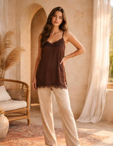 Σατέν Τοπ με Λεπτή Τιράντα και Δαντέλα – Γυναικείο Elegant Camisole - Καφέ