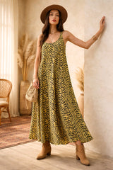 Maxi Φόρεμα Βισκόζης με Animal Print - Λαχανί Μαύρο