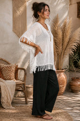 Boho Τουνίκ από Βαμβακερή Γάζα με Κρόσσια - Off White