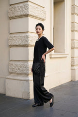 Βαμβακερή Κοντομάνικη Μπλούζα με Σατέν & Δαντέλα στο Τελείωμα - Μαύρη