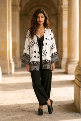 Ασπρόμαυρο Κιμονό με Γεωμετρικό Print – Boho Viscose