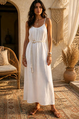 Boho Cotton Maxi Dress με Ρυθμιζόμενες Τιράντες - Λευκό