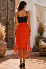 Boho Μεταξωτή Ασύμμετρη Φούστα με Χειροποίητα Κρόσσια & Πουά Σχέδιο - Coral Red