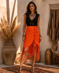 Boho Μεταξωτή Ασύμμετρη Φούστα με Χειροποίητα Κρόσσια & Πουά Σχέδιο - Coral Red