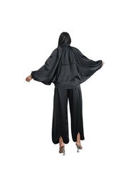 Σατέν σετ ζακέτα με παντελόνα Μονόχρωμο Μαύρο σε Άνετη γραμμή