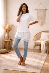 Βαμβακερή Κοντομάνικη Μπλούζα με Σατέν & Δαντέλα στο Τελείωμα - Λευκή