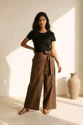 Boho Wide Leg Παντελόνι με Wrap Effect & Δέσιμο - Καφέ