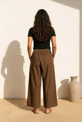 Boho Wide Leg Παντελόνι με Wrap Effect & Δέσιμο - Καφέ