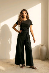 Boho Wide Leg Παντελόνι με Wrap Effect & Δέσιμο - Μαύρο