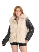 Μπουφάν με γούνα και δερμάτινα μανίκια Δίχρωμο Μαύρο - Μπεζ Πολυεστέρας - συνθετική γούνα