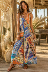 Boho Maxi Ασύμμετρο Φόρεμα 100% Βισκόζη με Patchwork Print & Ανοιχτή Πλάτη