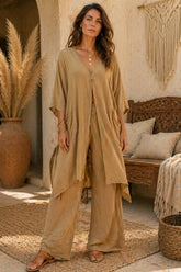Boho σετ με αέρινη μακριά τουνίκ & παντελόνα – Sand Beige