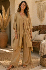 Boho σετ με αέρινη μακριά τουνίκ & παντελόνα – Sand Beige