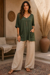 Oversized Boho V-Neck Μπλούζα Soft Touch