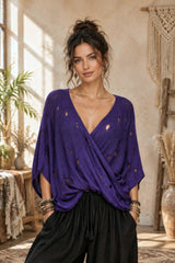 Boho Πλεκτή Μπλούζα Wrap Effect με Ντραπέ Εφαρμογή & Distressed Λεπτομέρειες
