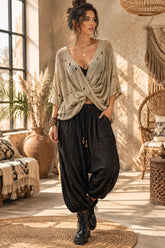 Boho Πλεκτή Μπλούζα Wrap Effect με Ντραπέ Εφαρμογή & Distressed Λεπτομέρειες
