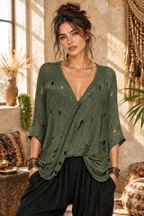 Boho Πλεκτή Μπλούζα Wrap Effect με Ντραπέ Εφαρμογή & Distressed Λεπτομέρειες