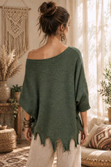 Boho Oversized Μπλούζα με Distressed Τελείωμα & Τσέπη