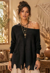 Boho Oversized Μπλούζα με Distressed Τελείωμα & Τσέπη