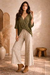 Oversized Μπλούζα με Κρουαζέ Σχεδιασμό & Διάτρητες Λεπτομέρειες - Λαδί