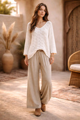 Μπλούζα Λεπτής Πλέξης με Διακριτικό Διάτρητο Σχέδιο - Λευκή