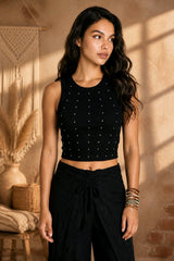 Crop Top με Strass & Rib Υφή