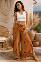 Boho παντελόνι wrap effect με κεντήματα