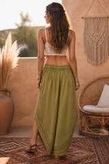 Boho παντελόνι wrap effect με κεντήματα