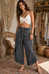 Boho παντελόνι wrap effect με κεντήματα