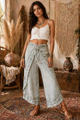 Boho παντελόνι wrap effect με κεντήματα