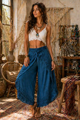 Boho παντελόνι wrap effect με κεντήματα