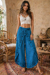 Boho παντελόνι wrap effect με κεντήματα