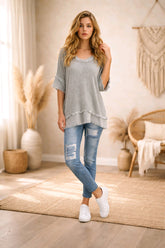 Γυναικεία Μπλούζα Διπλή (2-Piece) με Εσωτερικό Τοπ – Βαμβακερό Σετ - Γκρι