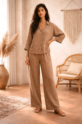 Γυναικείο Λινό Σετ Πουκάμισο & Παντελόνα – Relaxed Fit - Καφέ