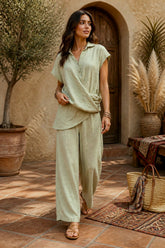 Boho Λινό Σετ Πουκαμίσα & Παντελόνα με Layer - Sage Green