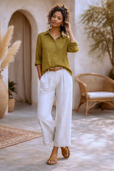 Λινό Πουκάμισο με Άνοιγμα στην Πλάτη - Λαδί