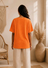 Linen Blend Μπλούζα με Διακοσμητική Τσέπη – Sunset Orange