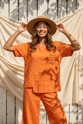 Linen Blend Μπλούζα με Διακοσμητική Τσέπη – Sunset Orange