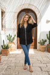 Λινό Πουκάμισο με Παγιέτες και Σχέδιο Δαντέλας στην Πλάτη - Μαύρο