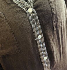 Λινό Πουκάμισο με Παγιέτες και Σχέδιο Δαντέλας στην Πλάτη - Μαύρο