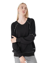 Μπλούζα με πλεκτά μανίκια Μονόχρωμο Μαύρο Βαμβακερό σε Άνετη γραμμή