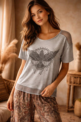 Βαμβακερό T-Shirt με Statement Print & Τρουκς – Ασύμμετρο Μήκος