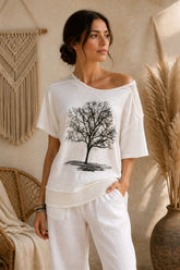 Βαμβακερό T-Shirt με Print Δέντρο & Τρουκς – Ασύμμετρο Μήκος