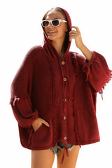 Ζακέτα με κουκούλα 100% βαμβάκι Μονόχρωμο Μπορντό Βαμβακερό σε Άνετη γραμμή