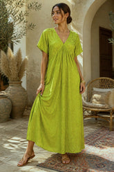 Μάξι Φόρεμα Βισκόζης με Χρυσό Paisley Print - Lime Green