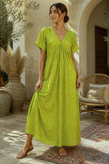 Μάξι Φόρεμα Βισκόζης με Χρυσό Paisley Print - Lime Green