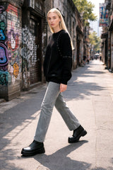 Μπλούζα με πλεκτά μανίκια Μονόχρωμο Μαύρο Βαμβακερό σε Άνετη γραμμή