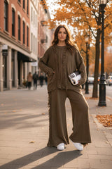 Βαμβακερό σετ Μπλούζα - Παντελόνι με ξέφτια Καφέ